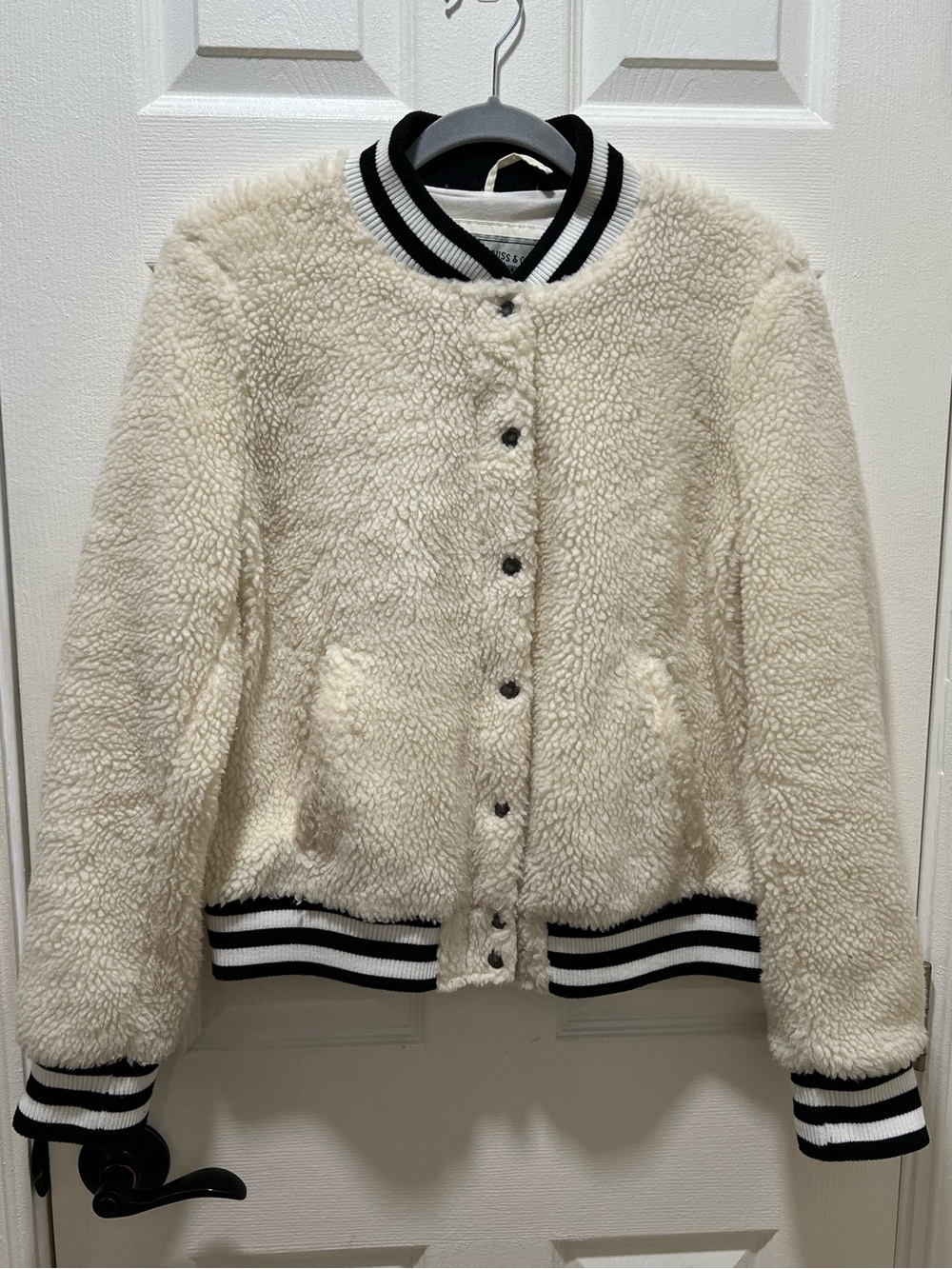 Levi's Sherpa Fleece Varsity Bomber Jacket Cream Black Trim Size Large